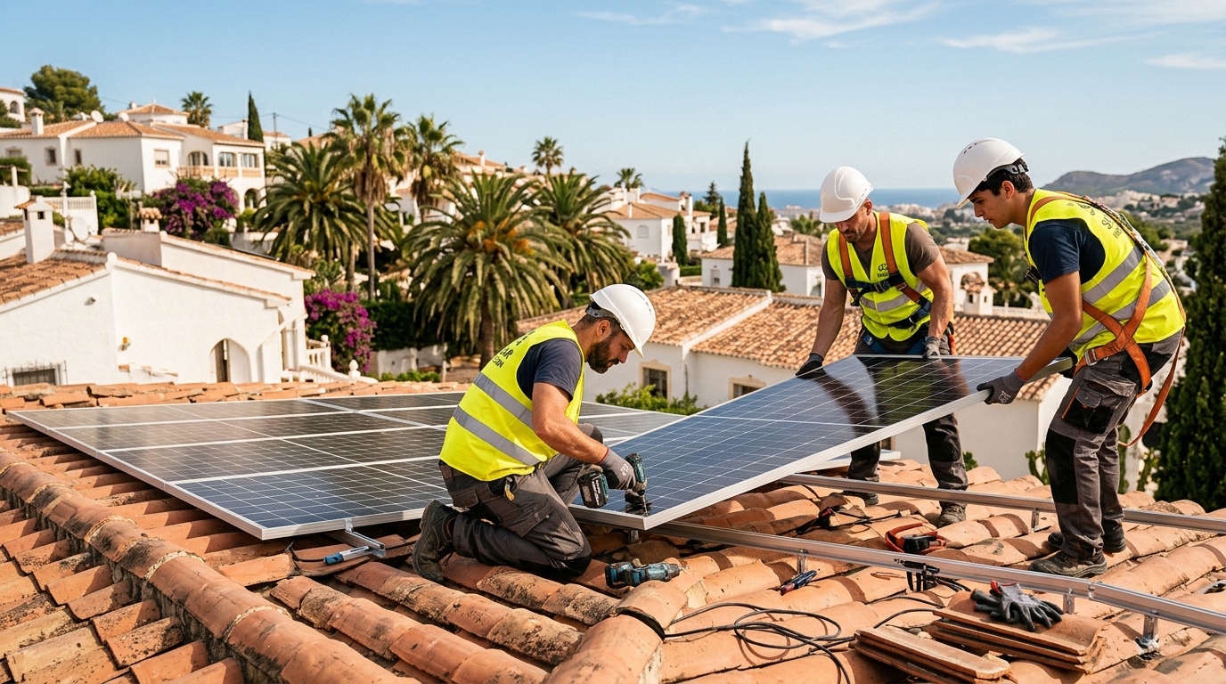 Equipo de técnicos instalando placas solares en un tejado
